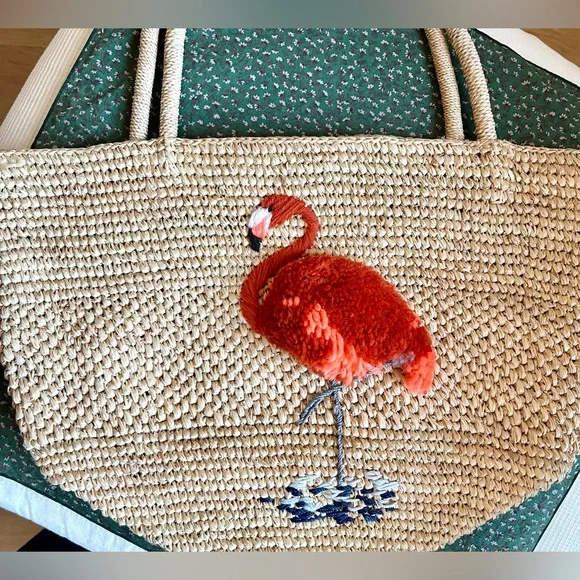 Embroidered Flamingo Raffia Tote - Handmade - Picture 7 of 15